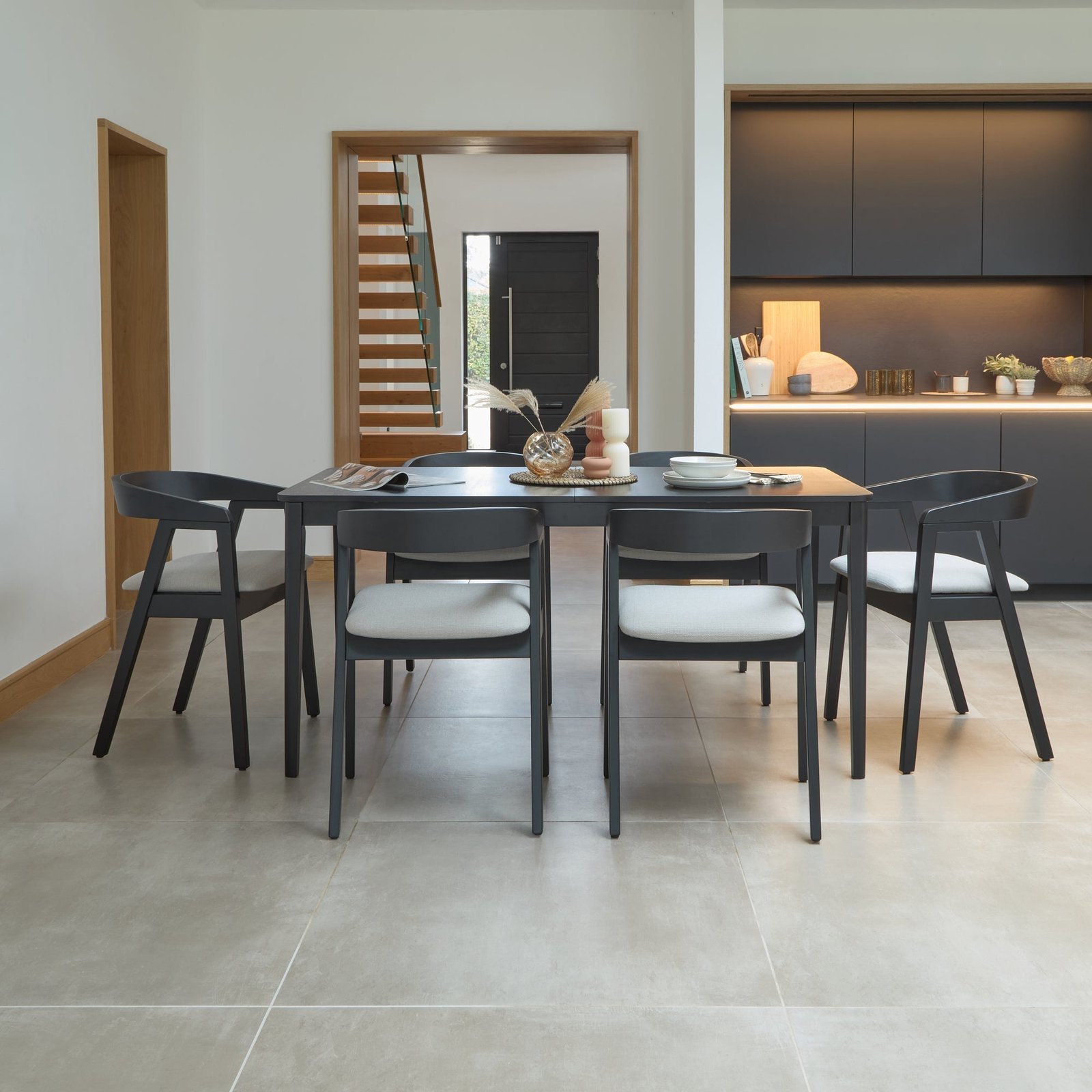 Paul Black Oak Extending Dining Table Set - 6 Seater -  Ella Fawn Linen Carver Chairs - Black Oak Legs - Image 2