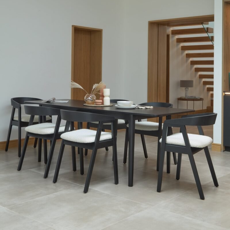Paul 160 220cm Extending Dining Table Black Oak Ella Carver Black Dining Chairs Off White Boucle 31 Home Retail