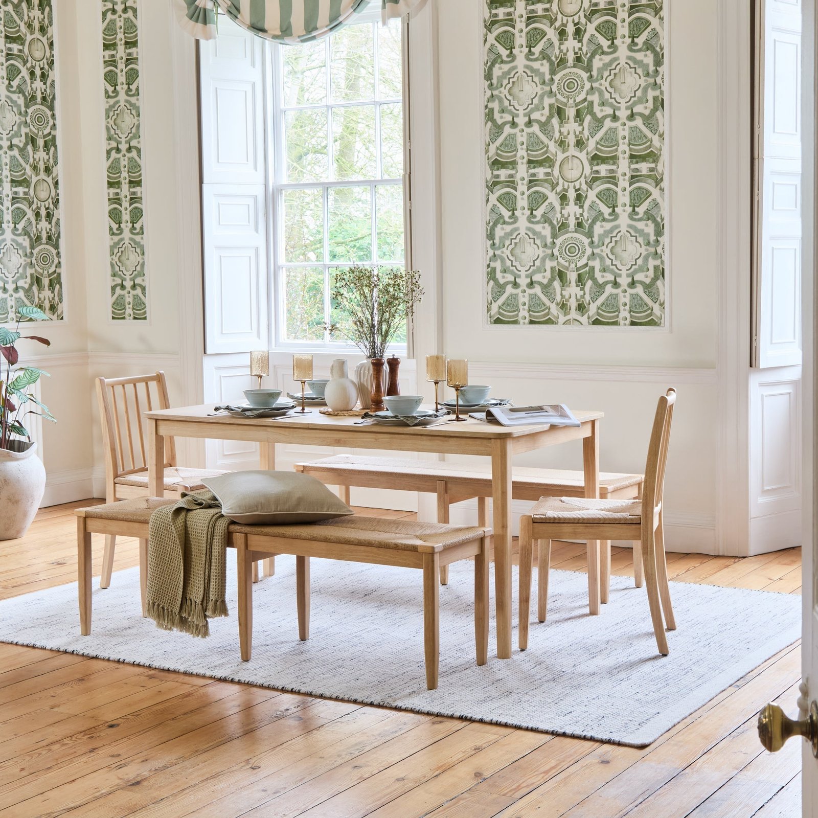 Paul 160-220cm Whitewash Oak Extending Dining Table Set - 6 Seater - 2 Tilly Wood String Dining Chair with 2 Tilly Wood String Dining Bench - Image 1