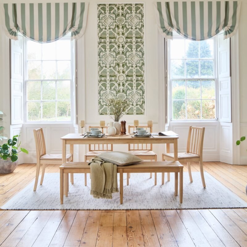 Paul 160 220cm Extending Dining Table Whitewash Oak and 4x Tilly Wood String Dining Chairs and 1x Tilly Wood String Dining Bench 1 Home Retail