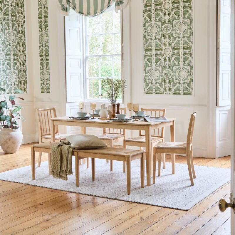 Paul 160 220cm Extending Dining Table Whitewash Oak and 4x Tilly Wood String Dining Chairs and 1x Tilly Wood String Dining Bench 2 Home Retail