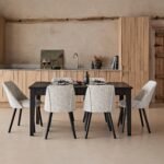 Raleigh Black Oak Rectangular Dining Table Set - 6 Seater - Freya Oat Boucle Dining Chairs - Black Oak Legs