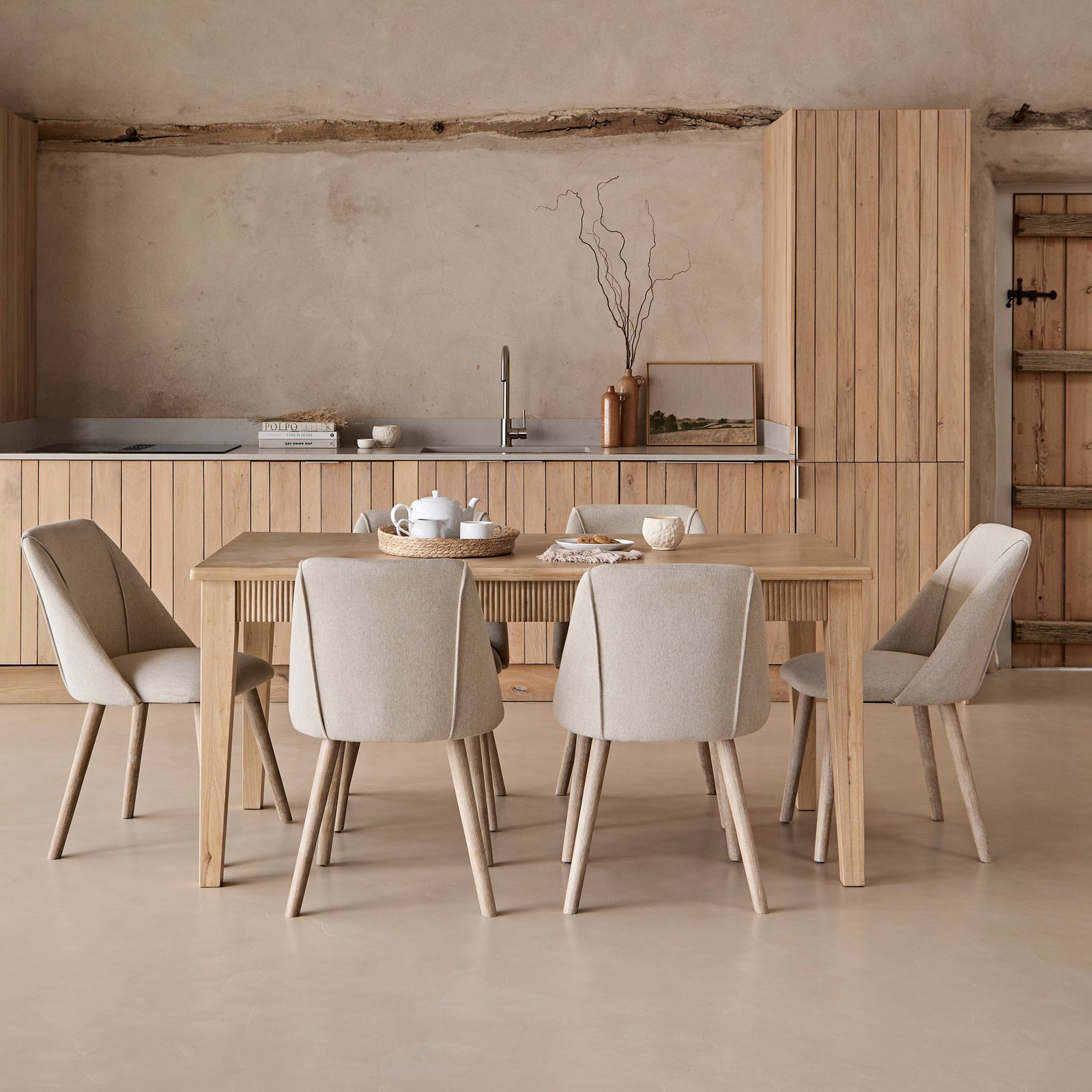 Raleigh Whitewash Oak Rectangular Dining Table Set - 6 Seater - Freya Sand Dining Chairs - Whitewash Oak Legs - Image 1