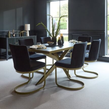 Rayna Black Dining Table Set - 6 Seater - Lola Black Dining Chairs - Gold Metal Legs