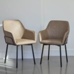 Outlet - Reagan Almond Brown Vegan Leather Carver Chairs - Set of 2 - Black Metal Legs