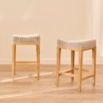 Reid Linen Grey Backless Bar Stools - Set of 2 - Whitewash Mindi Wood Legs