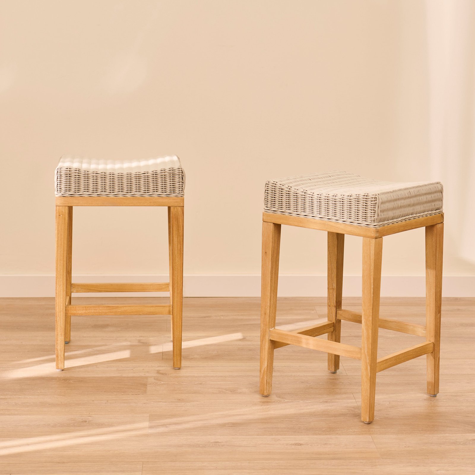 Reid Linen Grey Backless Bar Stools - Set of 2 - Whitewash Mindi Wood Legs - Image 1
