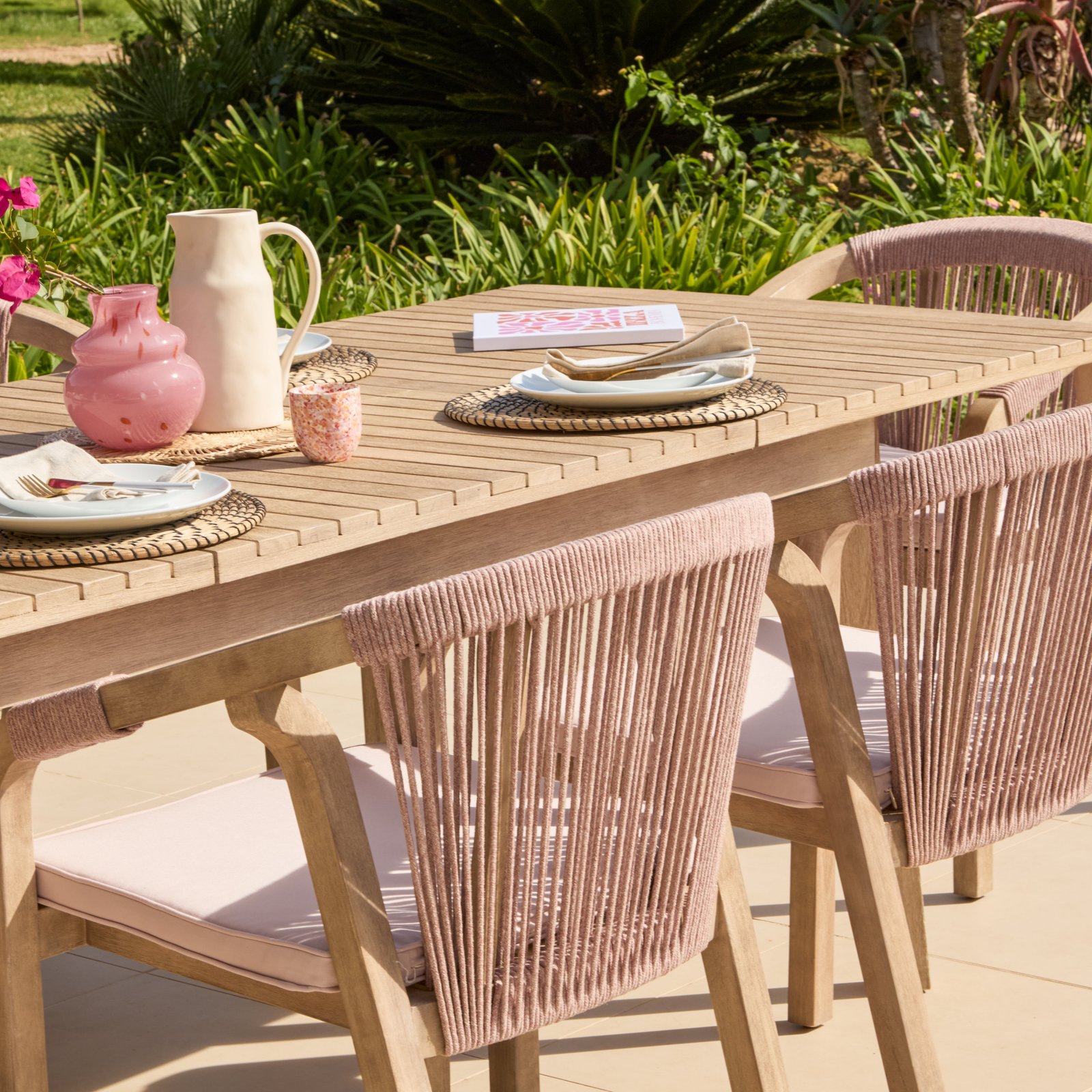 Saffron 6 Seater Extending Wooden Garden Dining Set with Shiro Pink Rope Chairs - Image 9