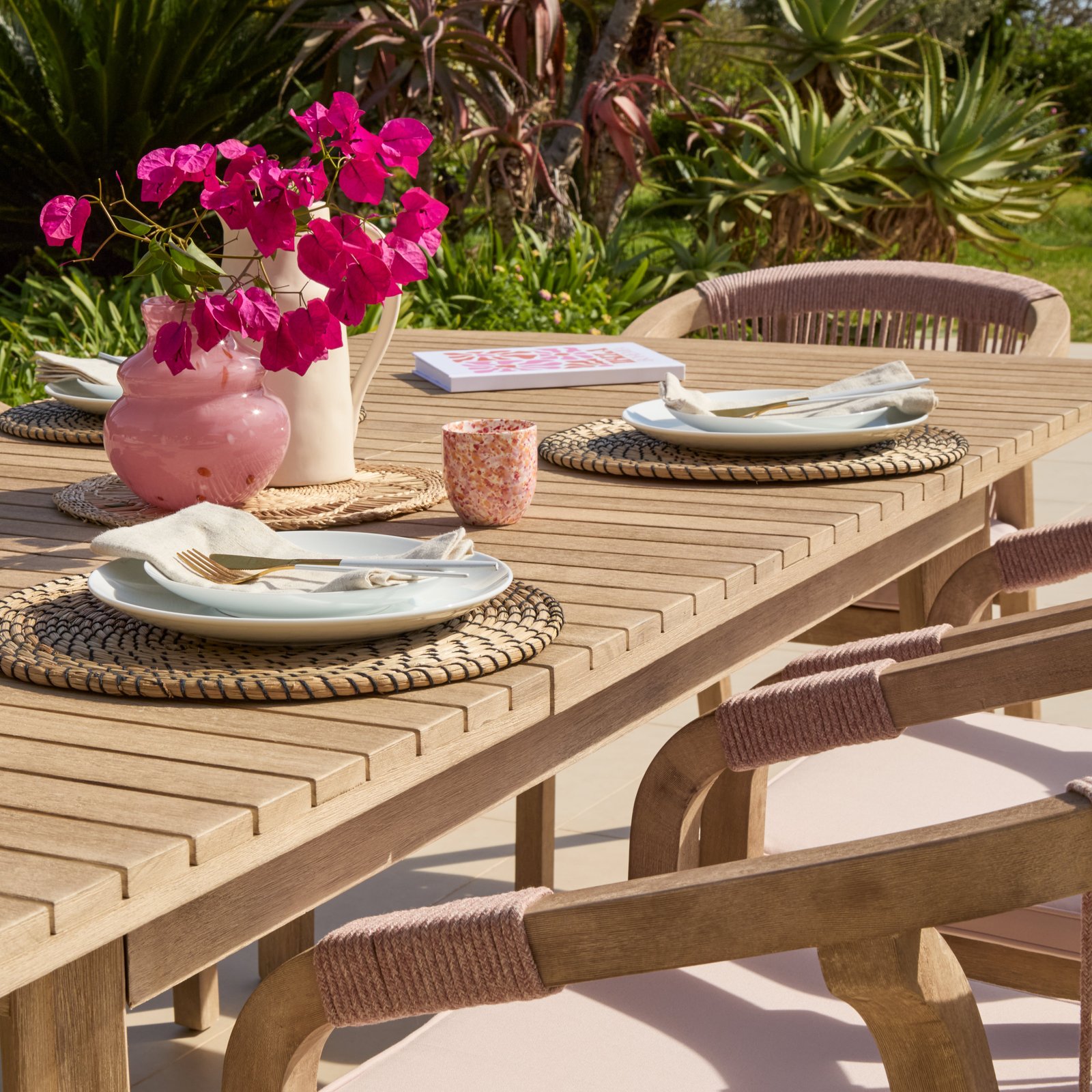 Saffron 6 Seater Extending Wooden Garden Dining Set with Shiro Pink Rope Chairs - Image 10