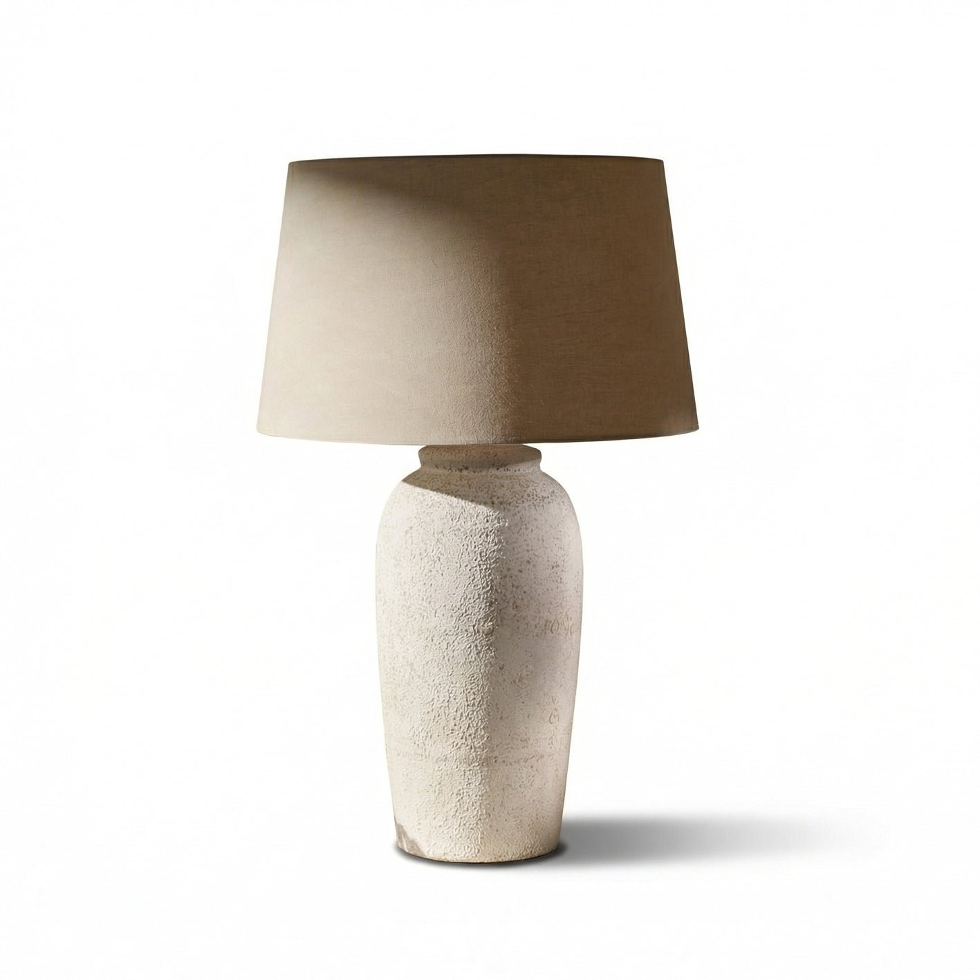 Selham 47cm Ceramic Lamp Base - Rustic White with Coningsby 40cm Cotton Lamp Shade - Taupe - Image 6