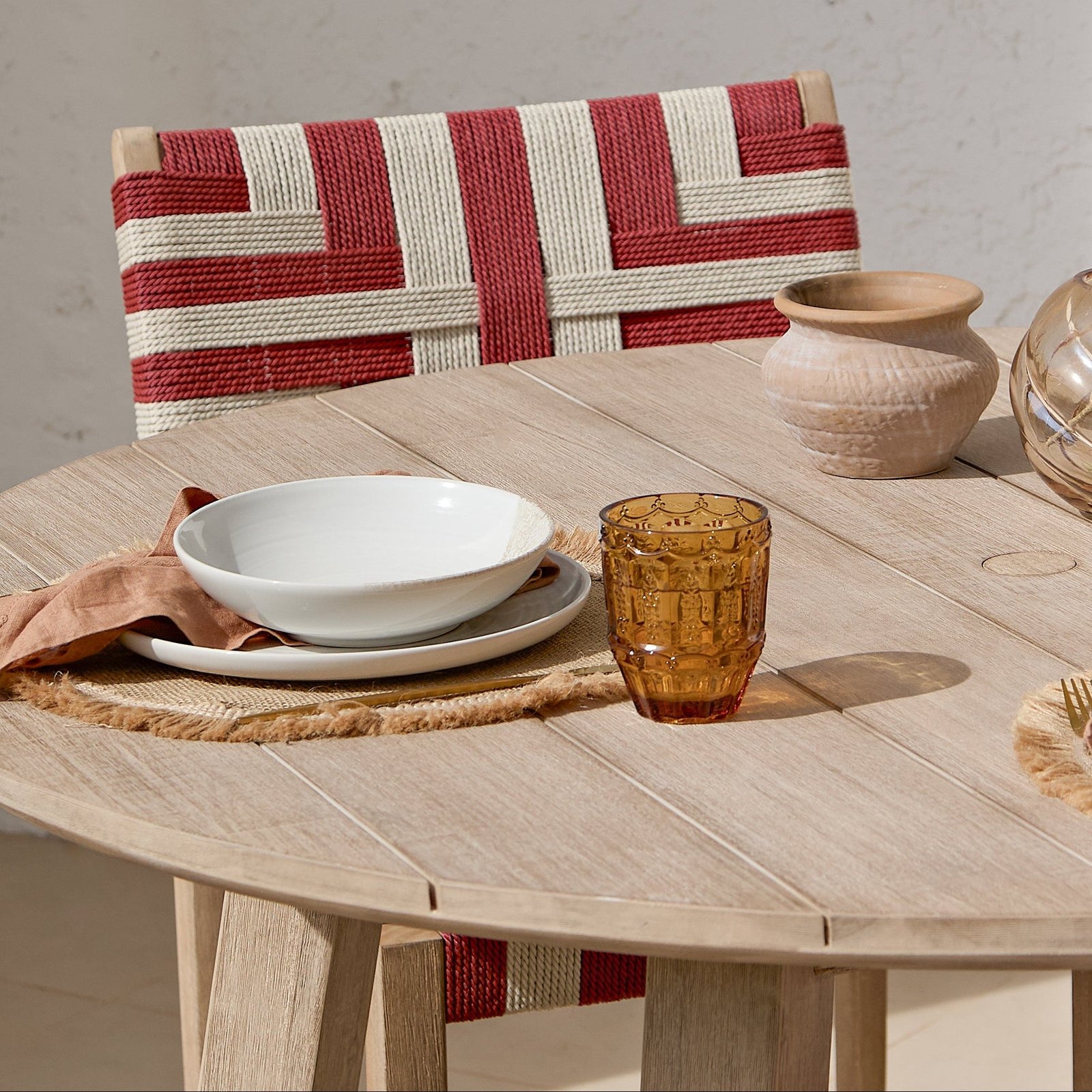 Shiro 4 Seater Round Wooden Garden Dining Set with Saffron Paprika/Beige Dining Chairs - Image 5