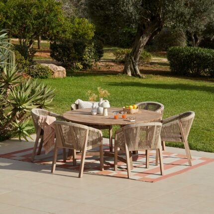 Shiro 6 Seater Wooden Round Garden Dining Set with Nala Sand Chairs