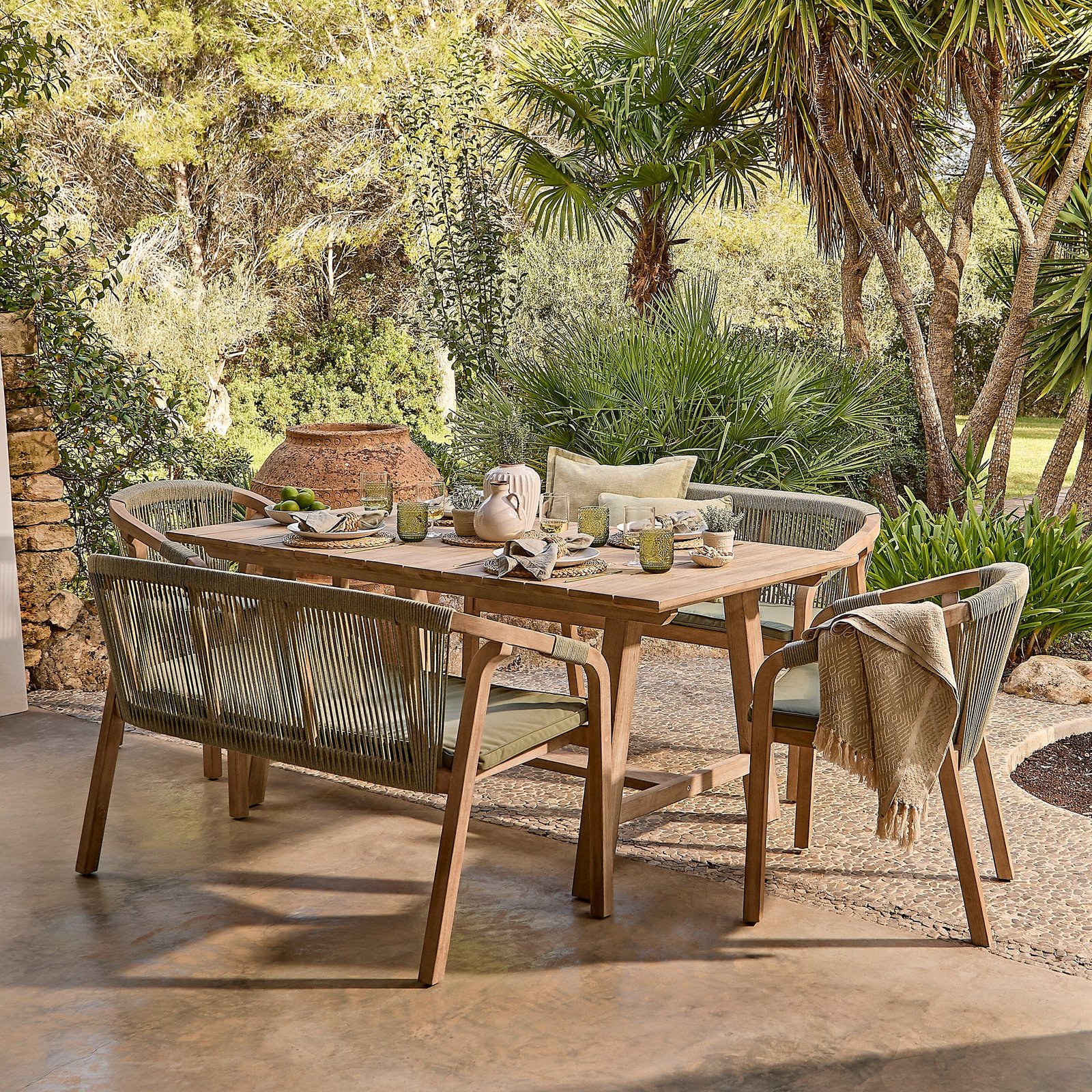 Shiro 6 Seater Wooden Garden Dining Set with 2 Shiro Benches & 2 Shiro Chairs - Green Rope - Image 1