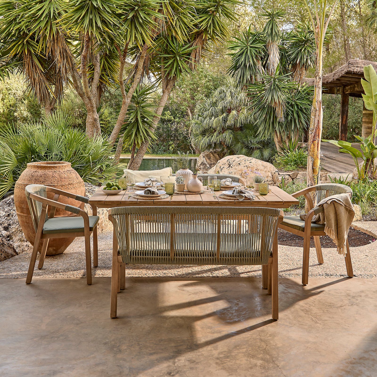 Shiro 6 Seater Wooden Garden Dining Set with 2 Shiro Benches & 2 Shiro Chairs - Green Rope - Image 6