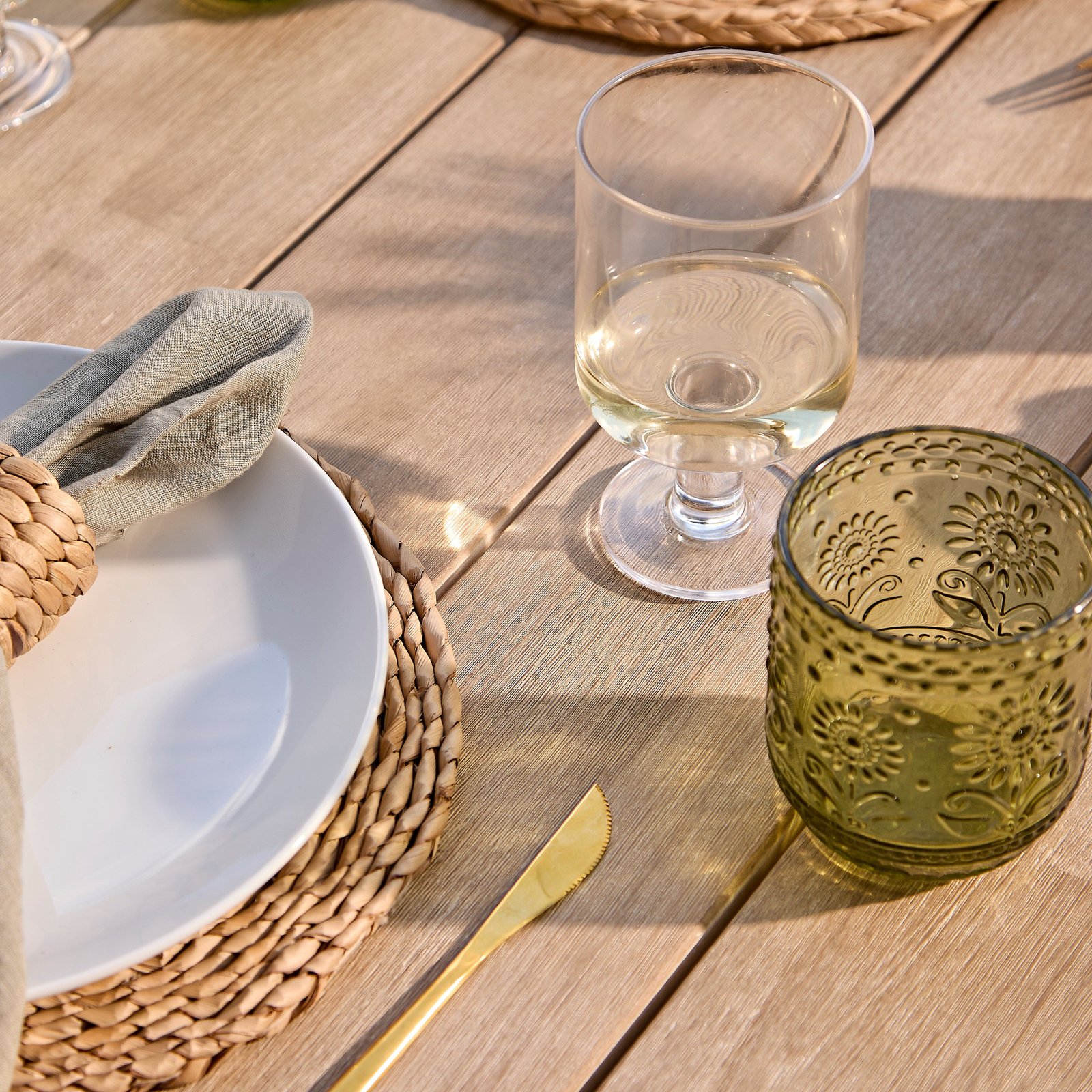 Shiro 6 Seater Wooden Garden Dining Set with 2 Shiro Benches & 2 Shiro Chairs - Green Rope - Image 8