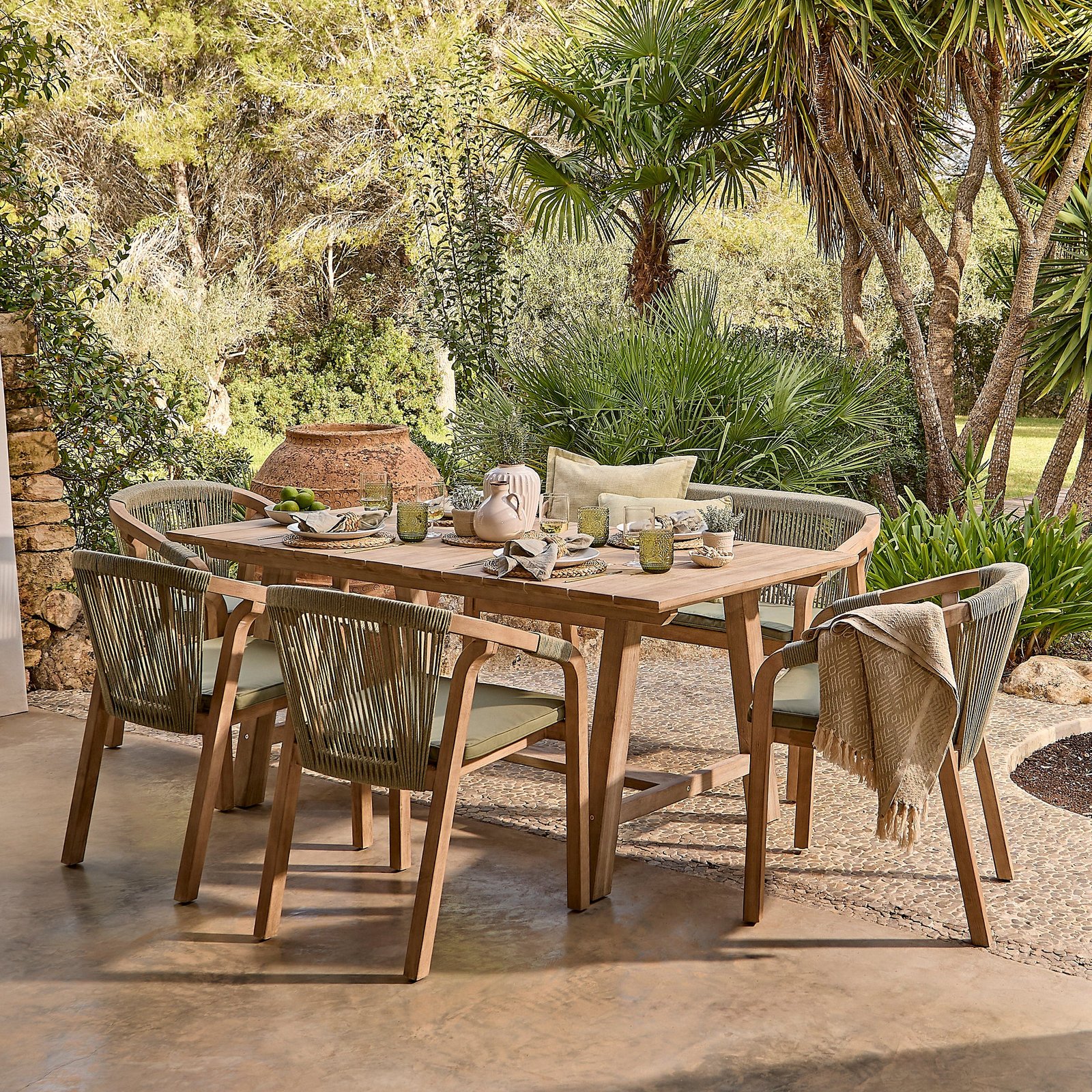 Shiro 6 Seater Wooden Garden Dining Set with Shiro Green Rope Chairs & Bench - 180cm - Image 1