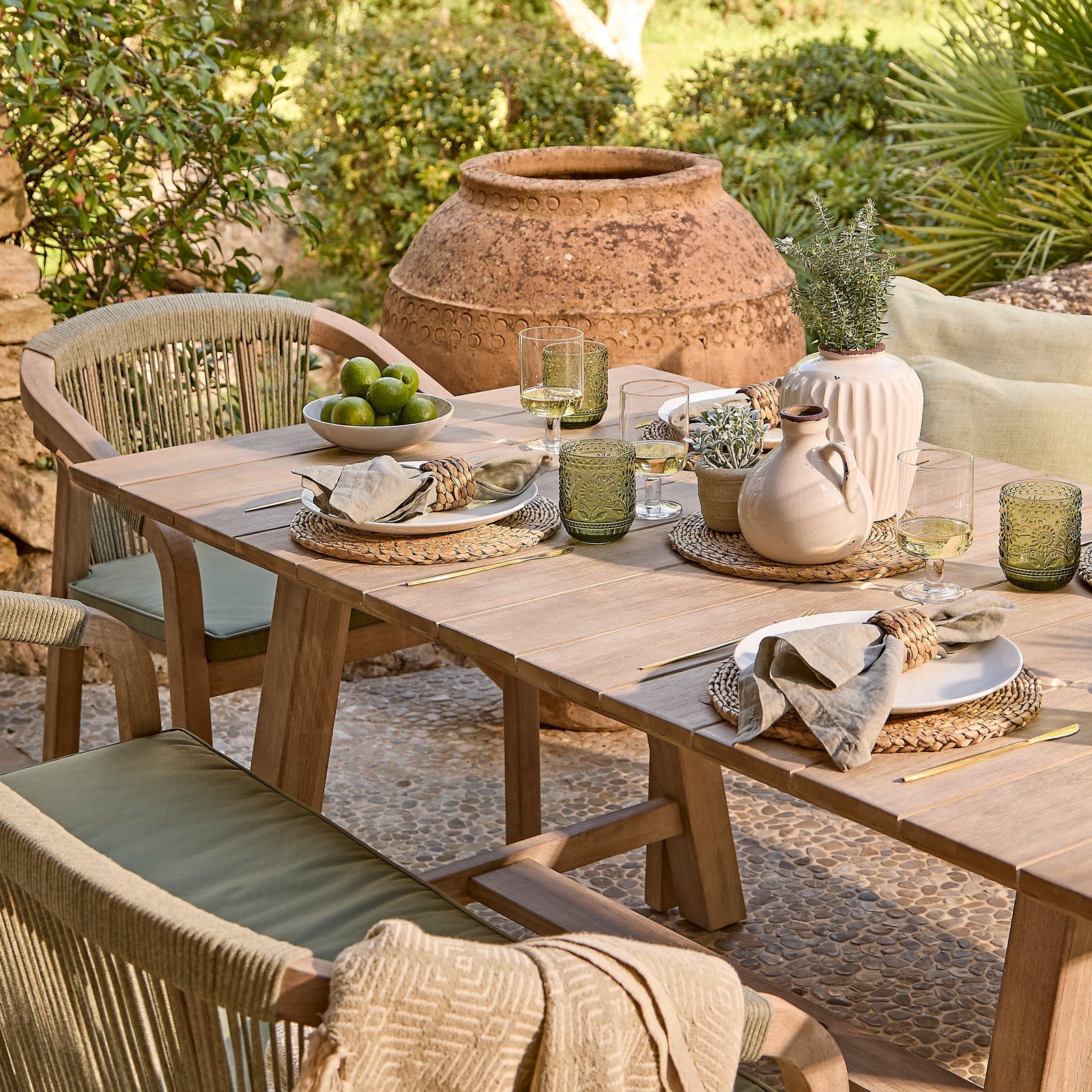 Shiro 6 Seater Wooden Garden Dining Set with Shiro Green Rope Chairs & Bench - 180cm - Image 5
