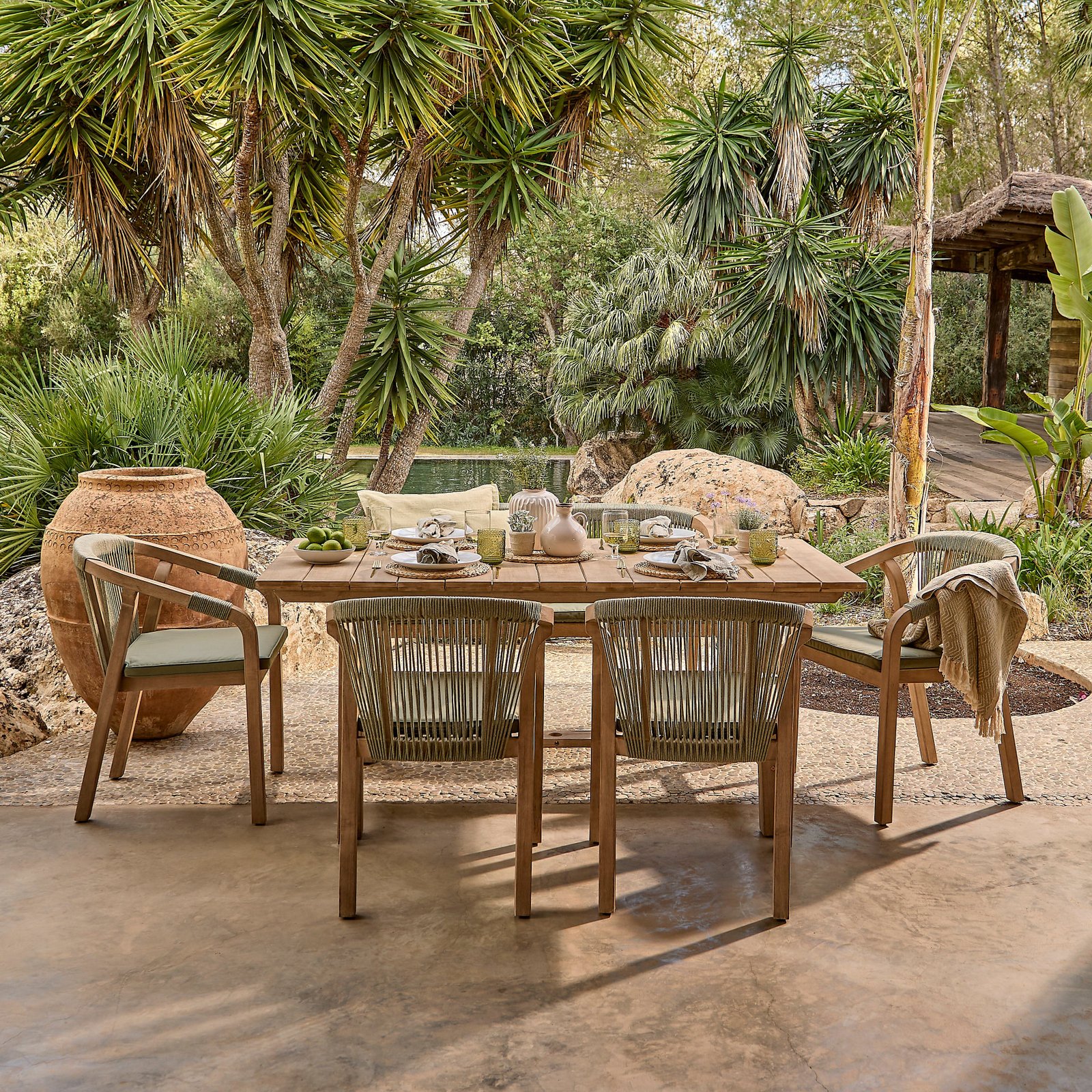 Shiro 6 Seater Wooden Garden Dining Set with Shiro Green Rope Chairs & Bench - 180cm - Image 6