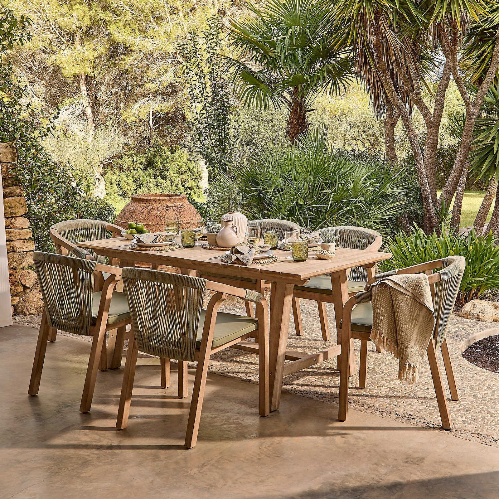 Shiro 6 Seater Wooden Garden Dining Set with Shiro Green Rope Dining Chairs - Image 1
