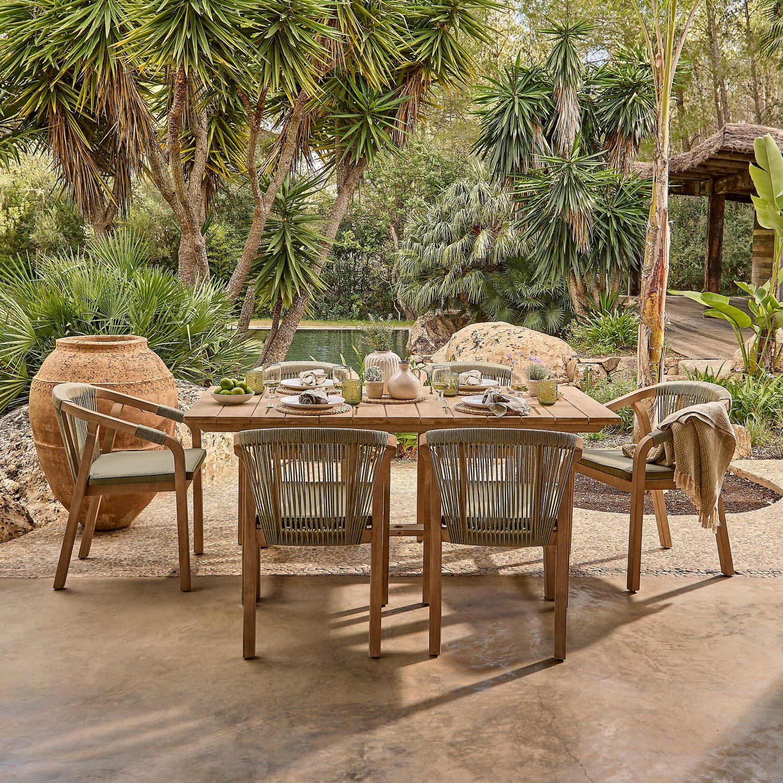 Shiro 6 Seater Wooden Garden Dining Set with Shiro Green Rope Dining Chairs - Image 6