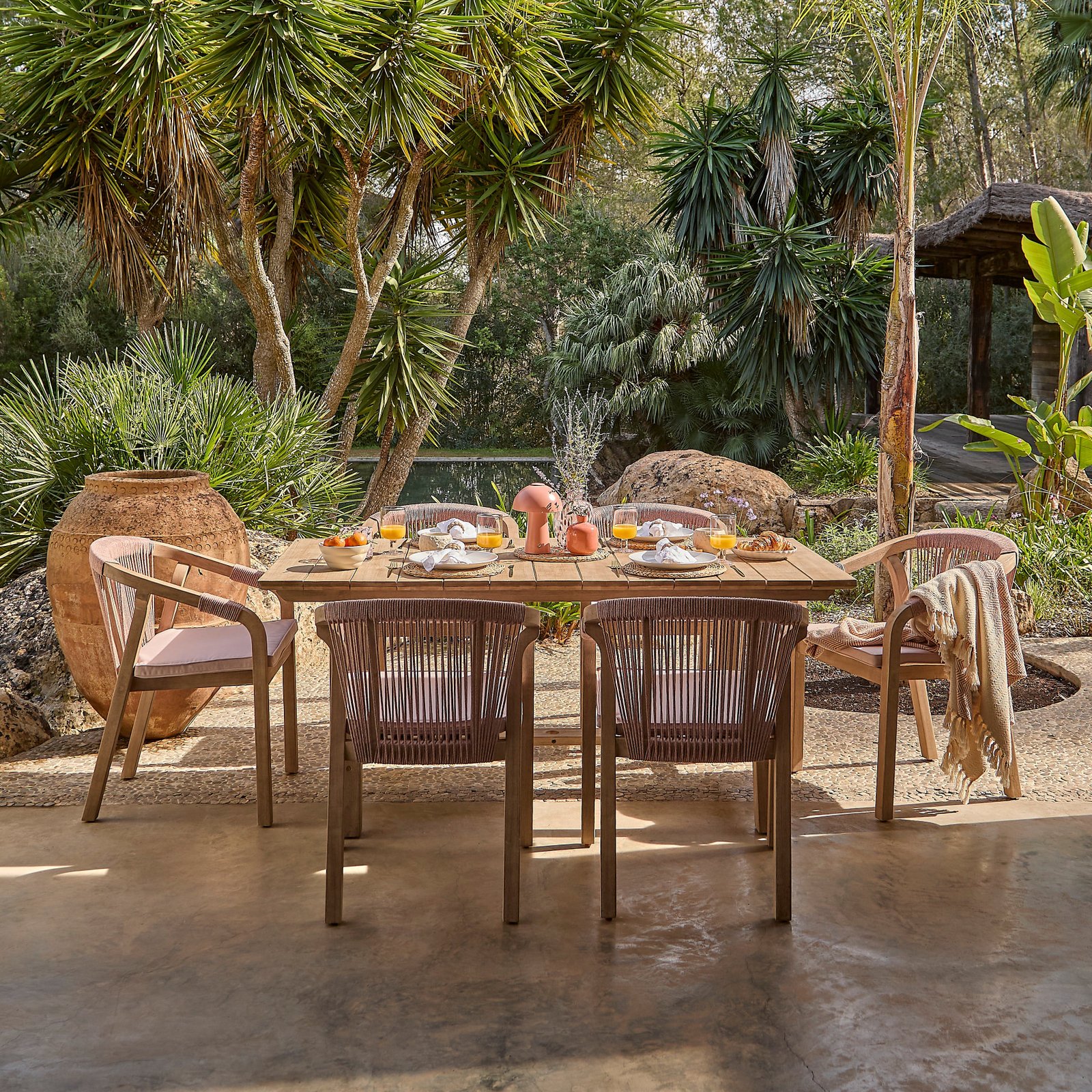 Shiro 6 Seater Wooden Garden Dining Set with Shiro Pink Rope Dining Chairs - 180cm - Image 6