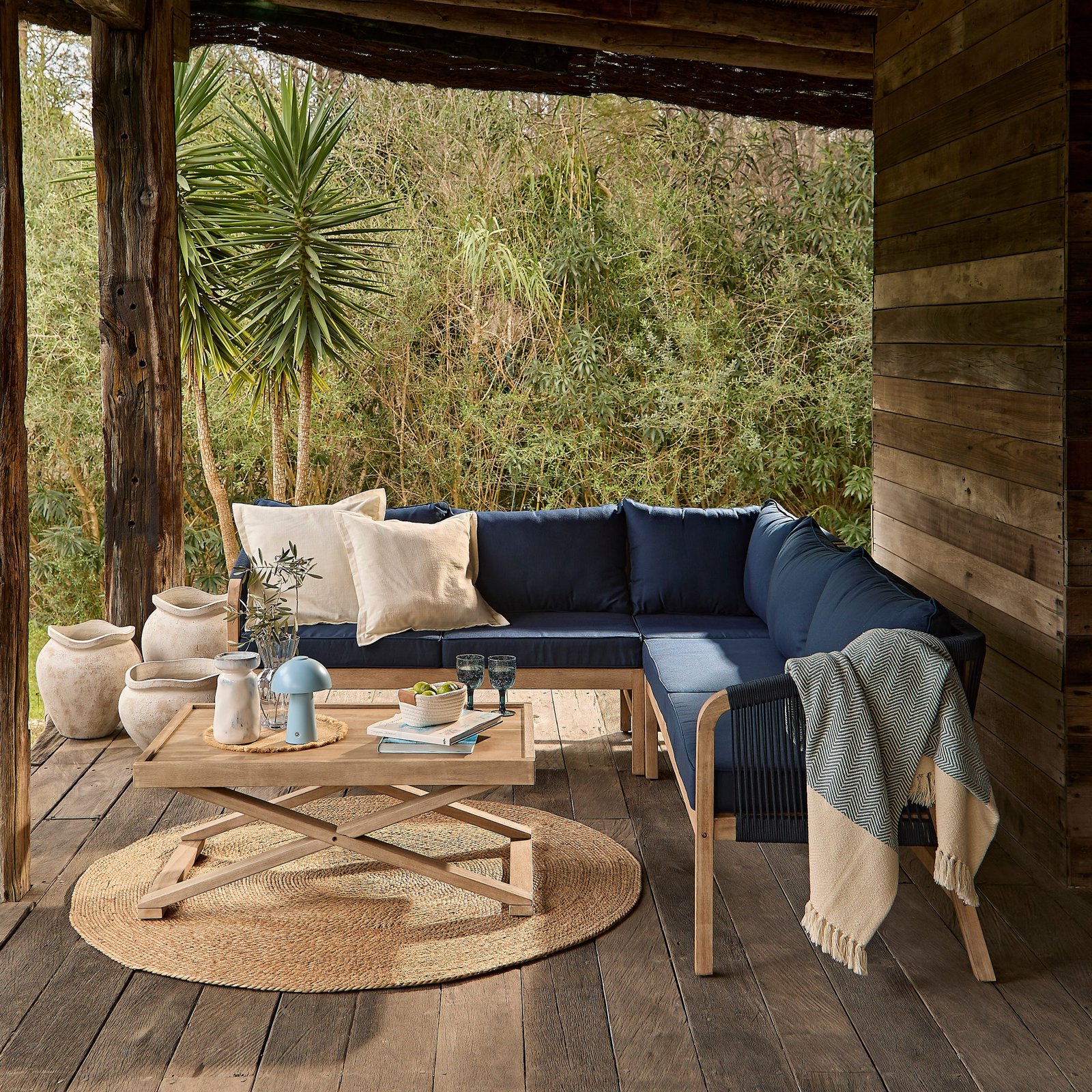 Shiro Garden Corner Sofa with Navy Cushions with Akira Coffee Table Set - Image 5