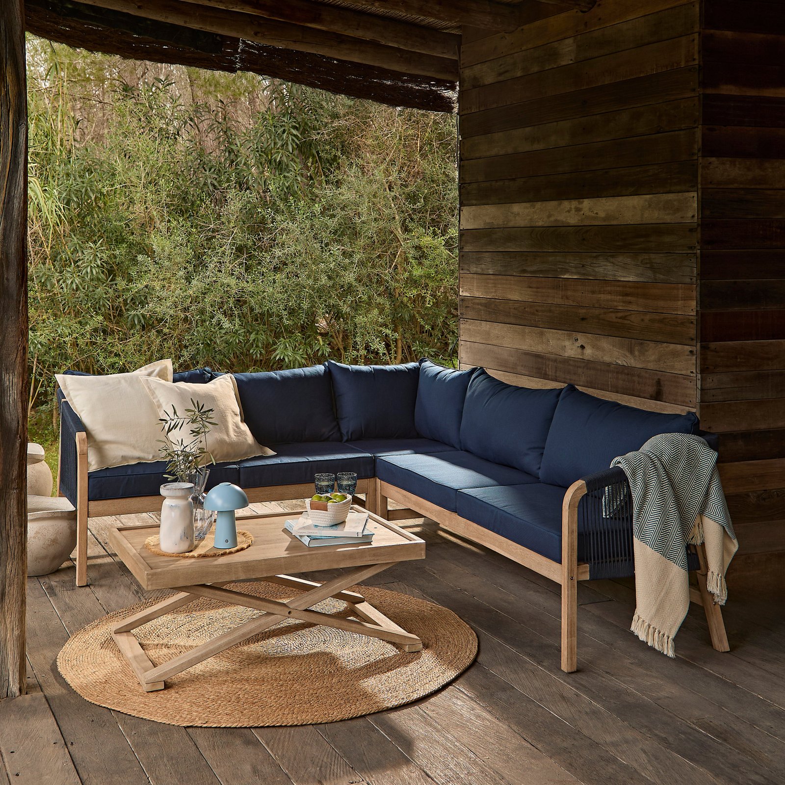 Shiro Garden Corner Sofa with Navy Cushions with Akira Coffee Table Set - Image 1