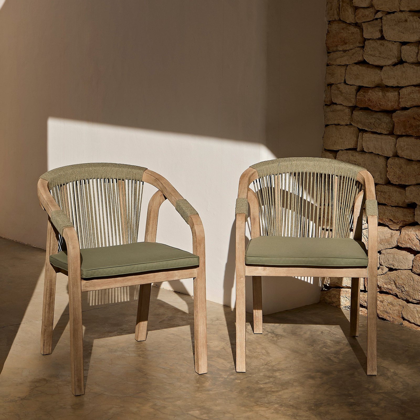 Shiro 6 Seater Wooden Garden Dining Set with Shiro Green Rope Chairs & Bench - 180cm - Image 2