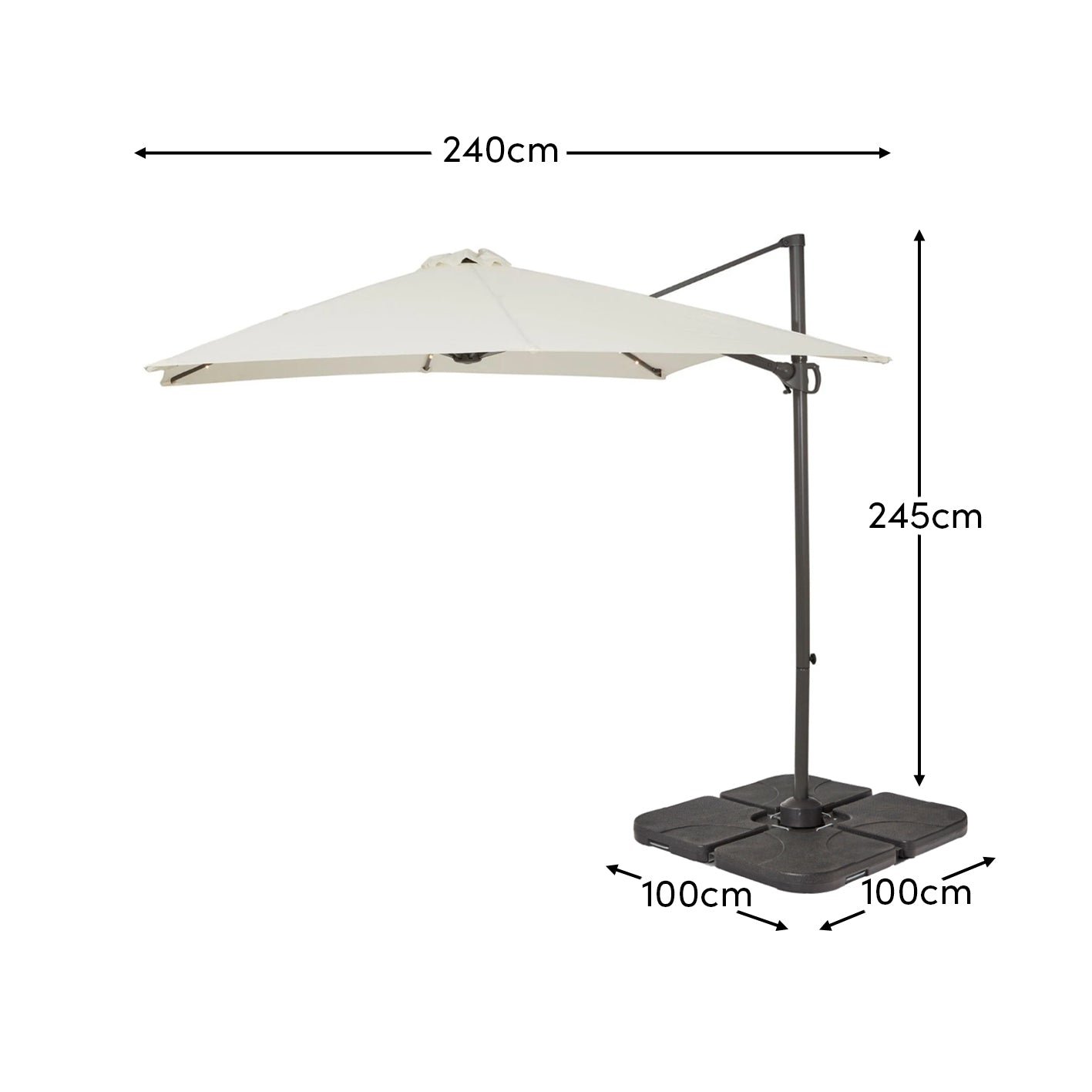 Square 2.4m Cream LED Cantilever Parasol with 80kg Quartered Parasol Base - Black Plastic - Image 5