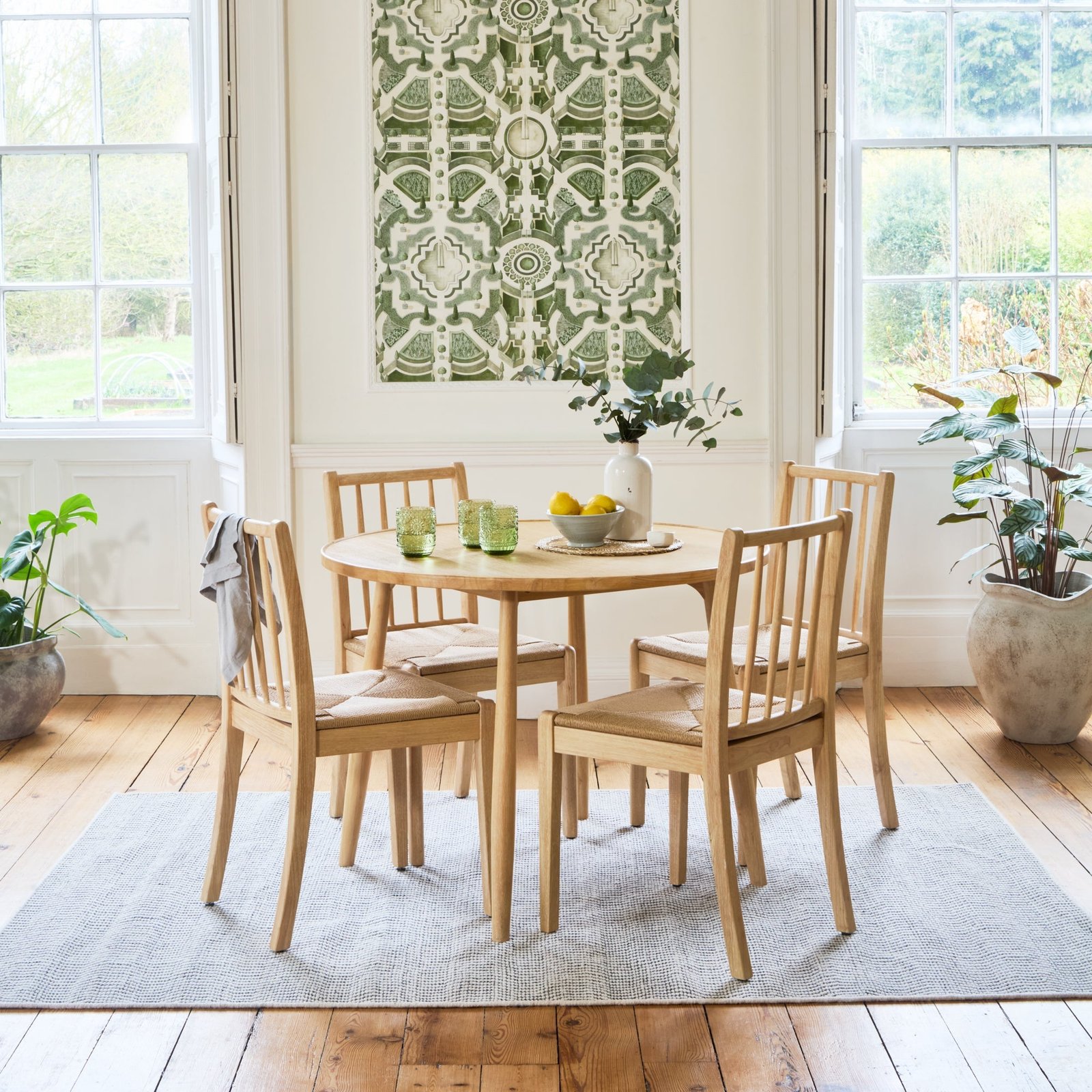 Tilly 100cm Round Dining Table - 4 Seater - Tilly Dining Chairs - Whitewash Oak & Natural String - Image 2