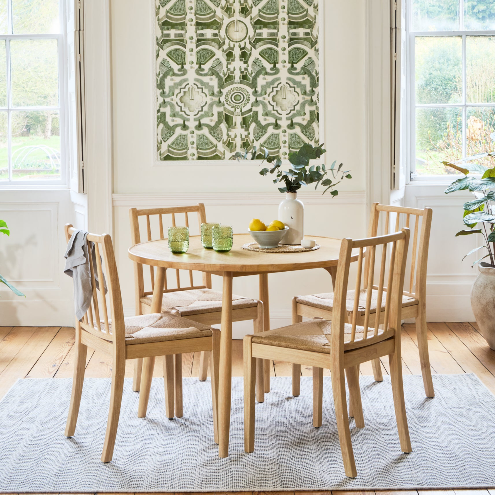 Tilly 100cm Round Dining Table - 4 Seater - Tilly Dining Chairs - Whitewash Oak & Natural String - Image 1