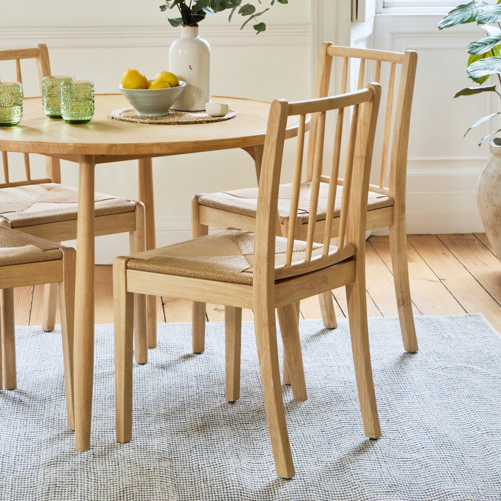 Tilly 100cm Round Dining Table - 4 Seater - Tilly Dining Chairs - Whitewash Oak & Natural String - Image 3