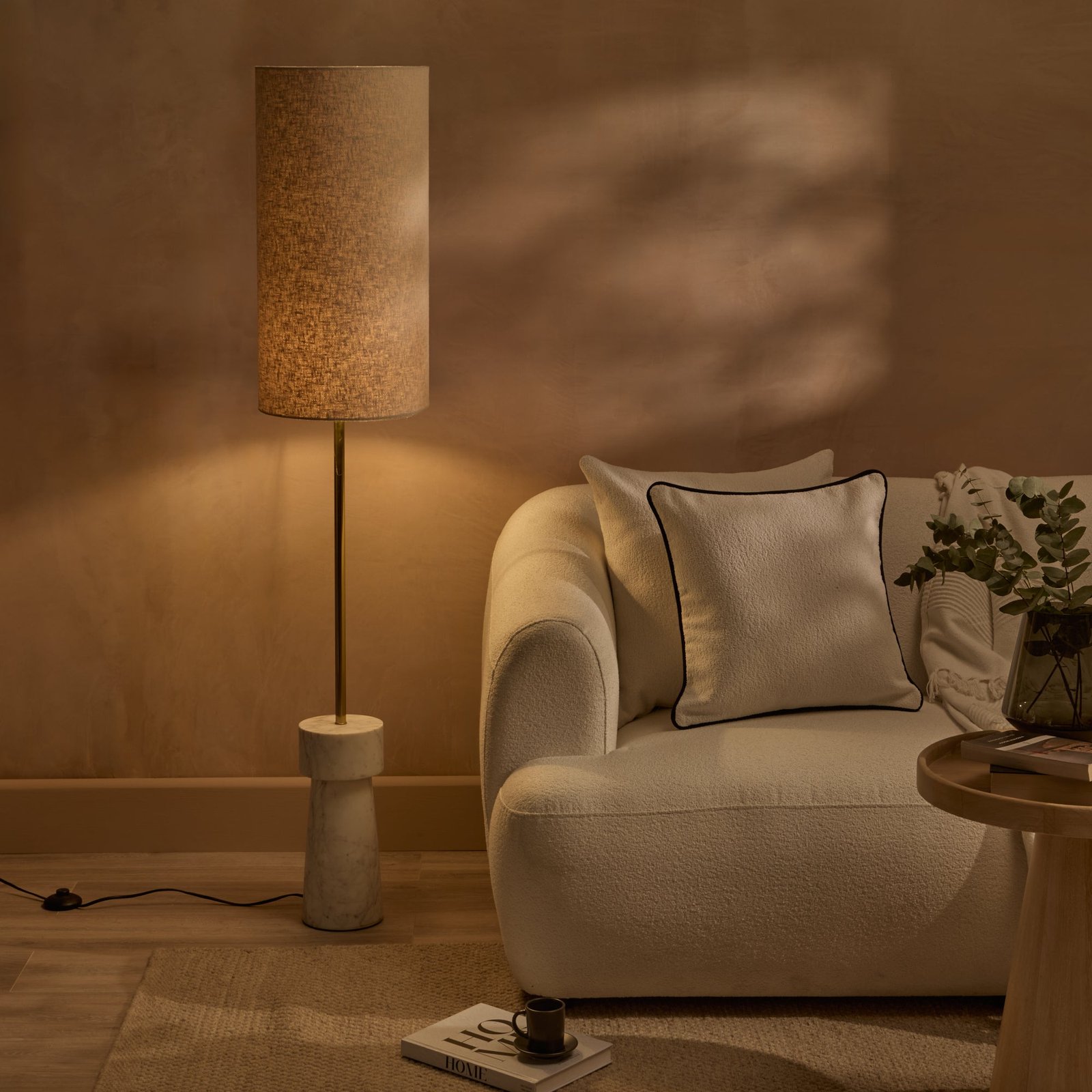 Tiree 97cm White Marble Floor Lamp Base with Tiree 30cm Tall Lamp Shade - Ivory Boucle - Image 1