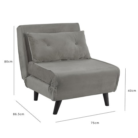 Una Single Sofa Bed - Grey Velvet 1 Una grey single sofa bed