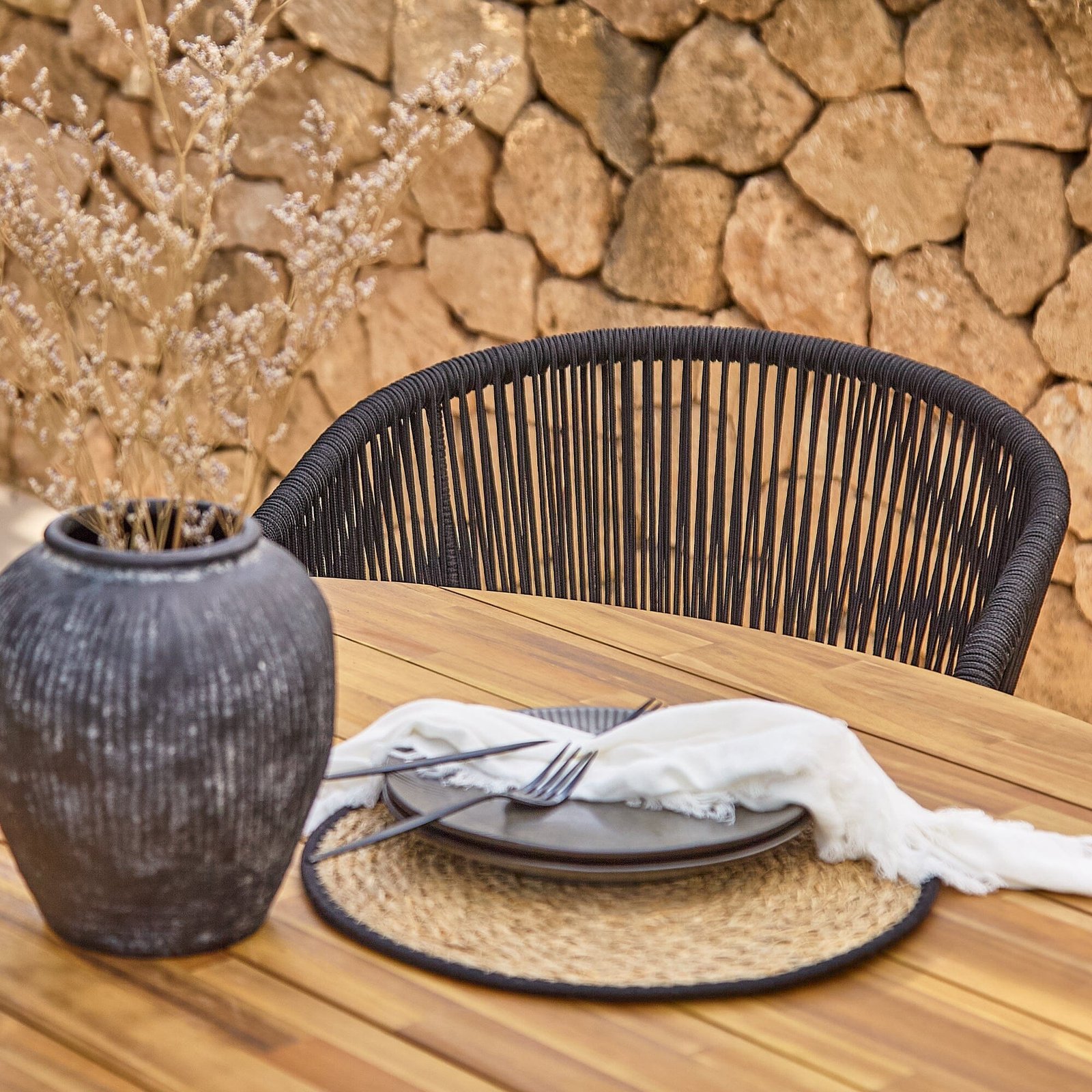 Willow 6 Seater Round Wooden Garden Set with 6 Hali Black Rope Chairs & Round Cream Parasol - Image 6