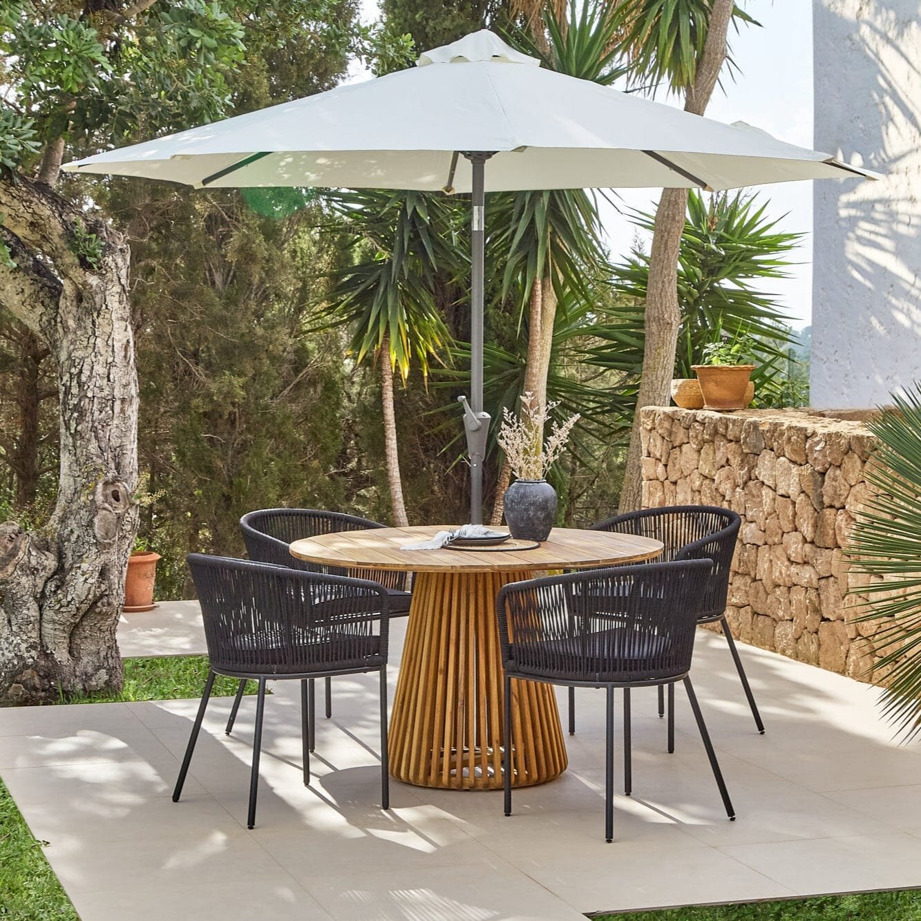 Willow 4 Seater Round Wooden Garden Dining Set - Hali Black Chairs - Image 2