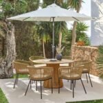 Willow 6 Seater Round Wooden Garden Set with 6 Hali Natural Rope Chairs & Round Cream LED Parasol