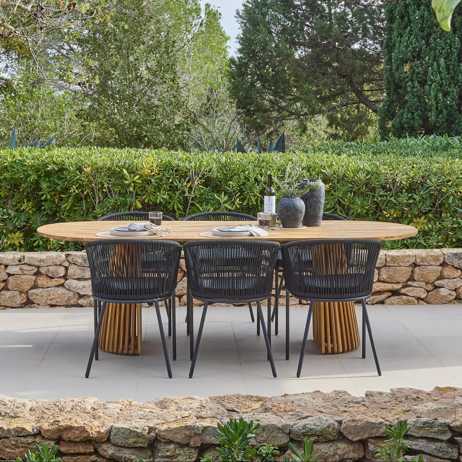 Willow 6 Seater Wooden Garden Dining Set with 6 Hali Black Rope Chairs - Image 1