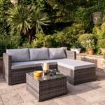 Weston 4 Seater Rattan Corner Sofa Set with Cream Lean Over Parasol & Base - Grey Weave - Image 2