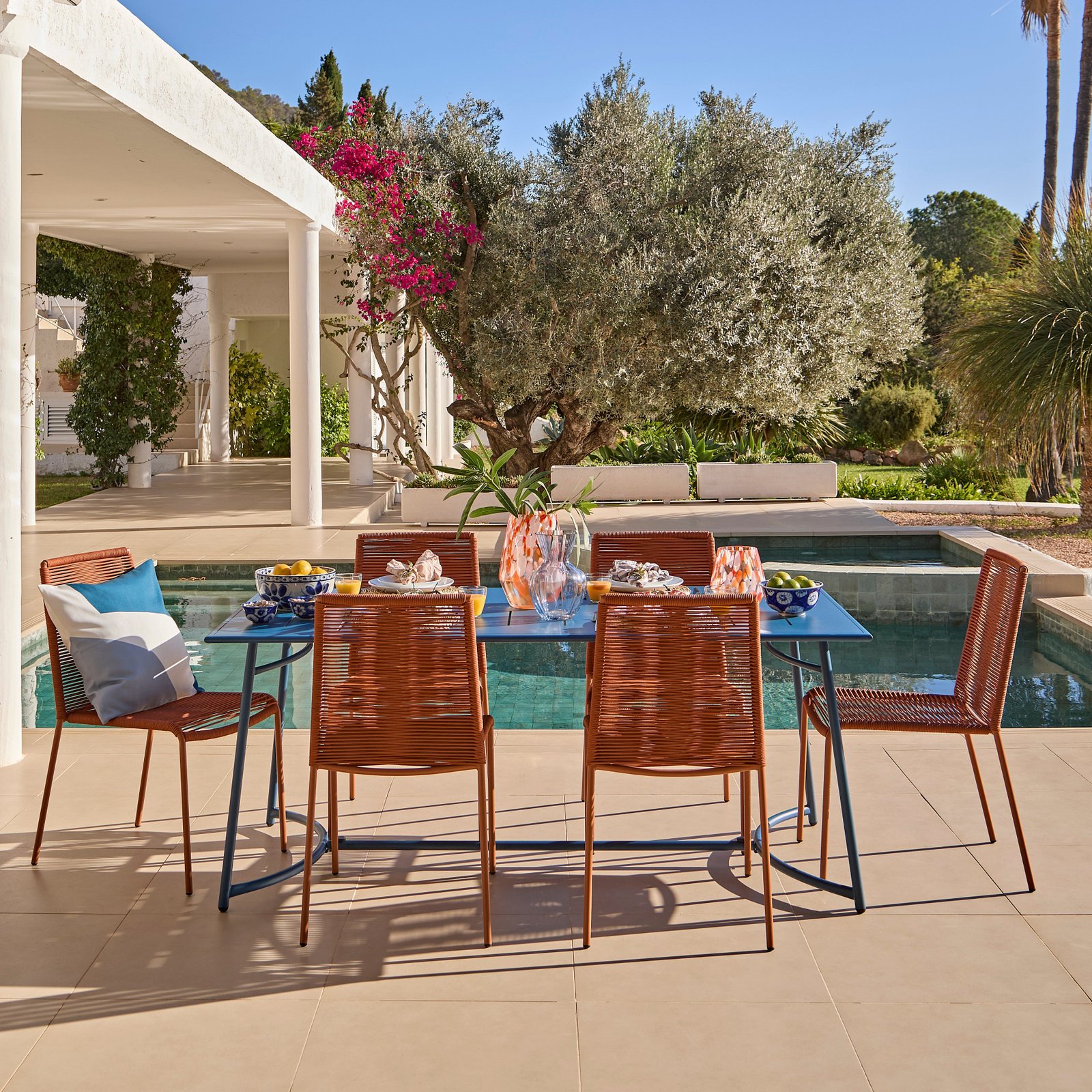 Wilder 6 Seater Blue Garden Dining Set with Ryder Burnt Orange Chairs - Image 6