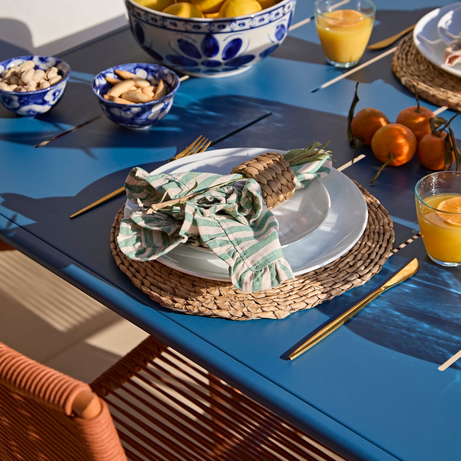 Wilder 6 Seater Blue Garden Dining Set with Ryder Burnt Orange Chairs - Image 3