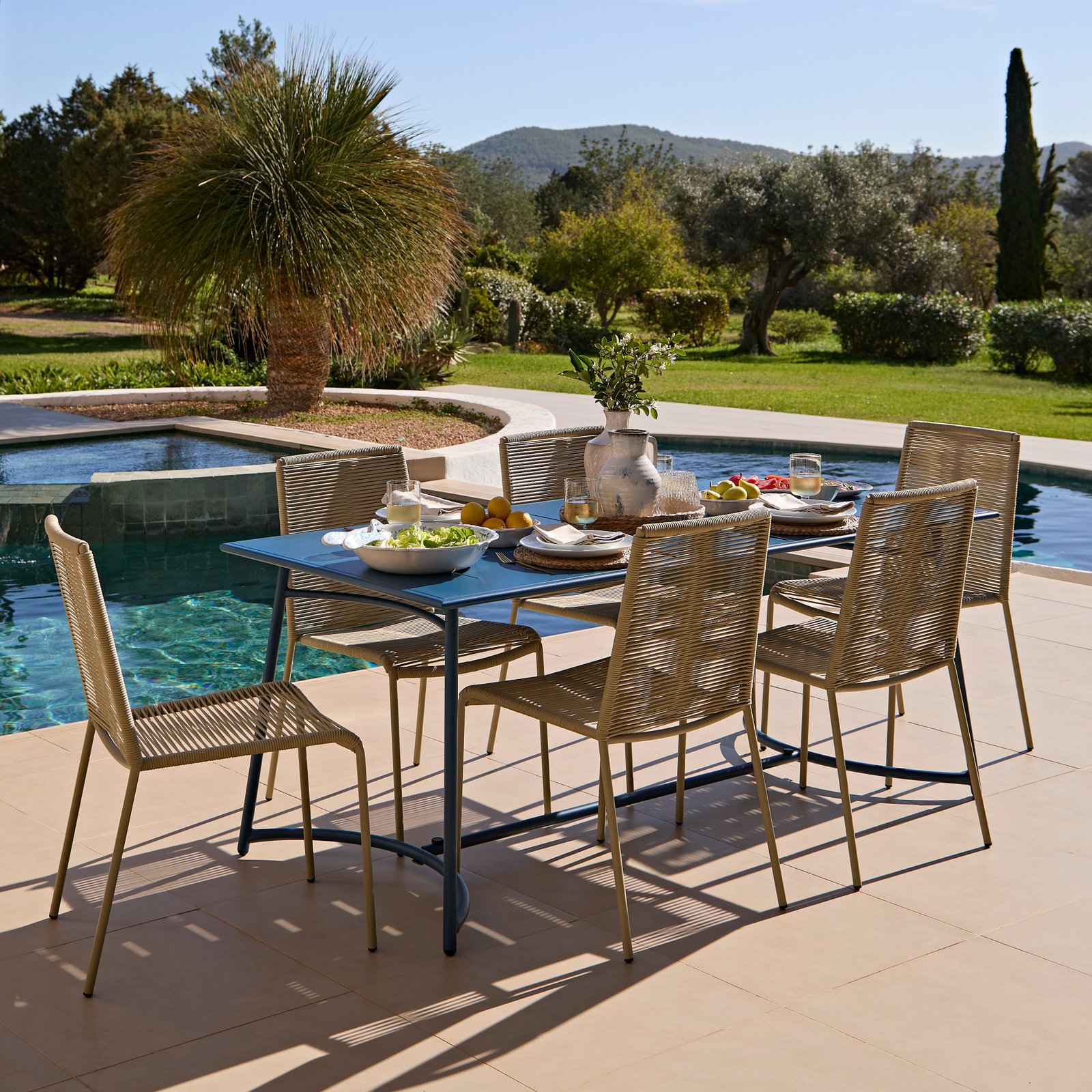 Wilder 6 Seater Blue Garden Dining Set with Ryder Clay Chairs - Image 1