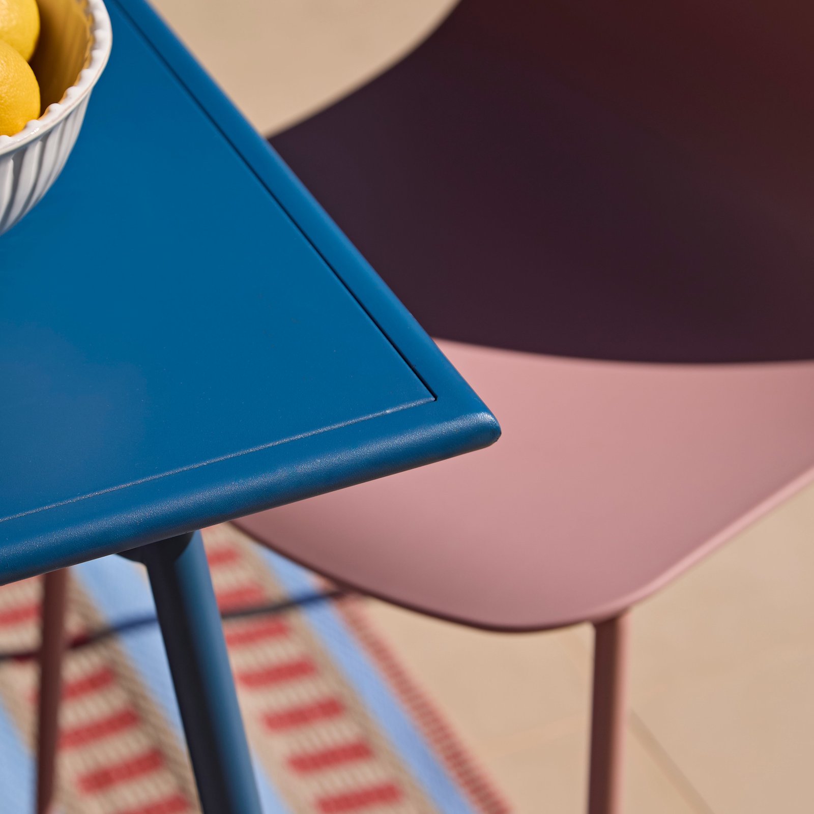 Wilder 6 Seater Blue Table Garden Dining Set with Wren Pink Chairs - Image 9