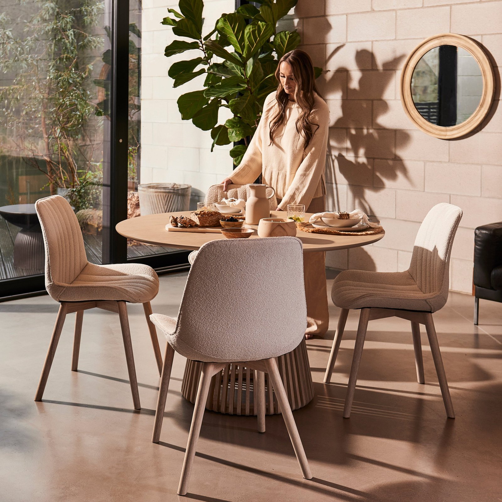 Willow_120cm_Round_Dining_Table_Whitewash_Oak_MODEL-3_0d9dbc9a-4edc-4d15-ae3a-dfa907fb1e7a Willow Whitewash Round 4 Seater with Bella Boucle Dining Chairs with Whitewash Legs - Image 1
