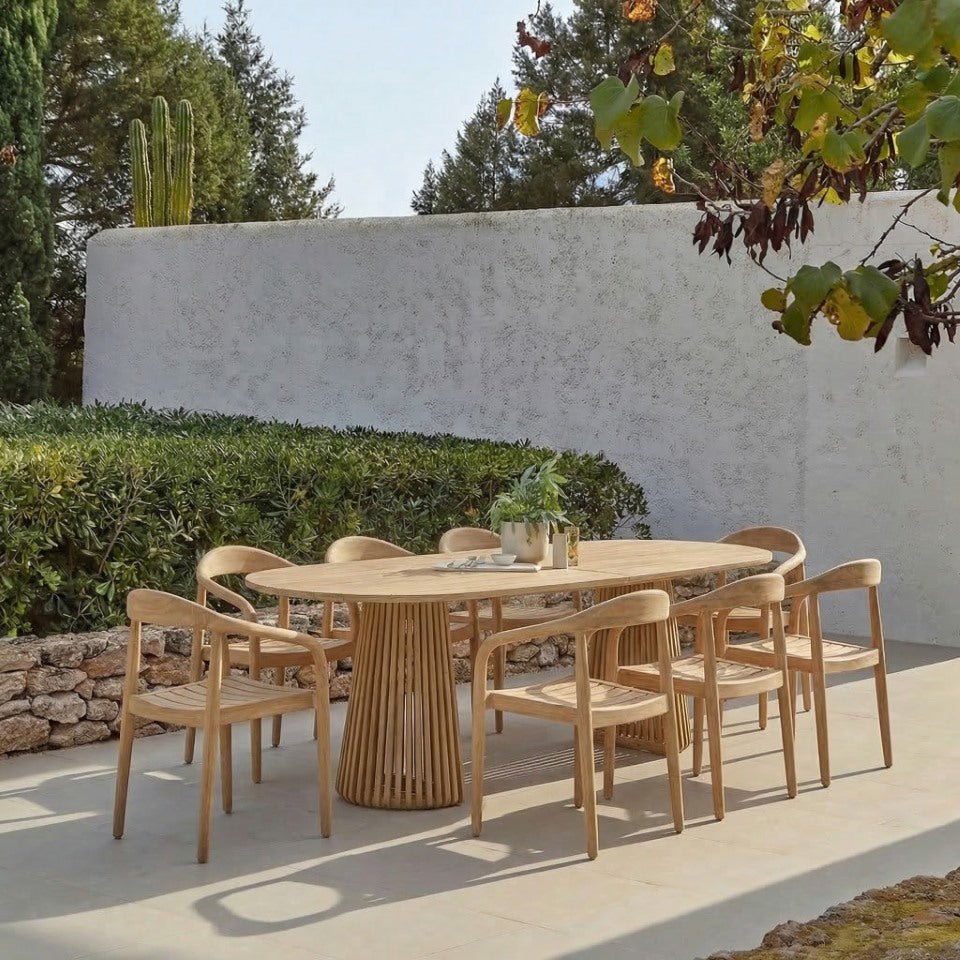 Willowovallightacacia_Sasha Willow Wooden Oval Garden Dining Table Set - 8 Seater - Sasha Light Brushed Acacia Wood Chairs - Image 1