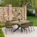 Amelia 6 Seater Wooden Garden Dining Set with 6 Hali Green Chairs - White Acacia with Black Legs