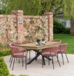 Amelia 6 Seater Wooden Garden Dining Set with 6 Hali Pink Chairs - White Acacia with Black Legs