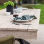 Amelia 6 Seater Wooden Garden Dining Set with 6 Hali Green Chairs - Light Brushed Acacia with Black Legs - Image 5