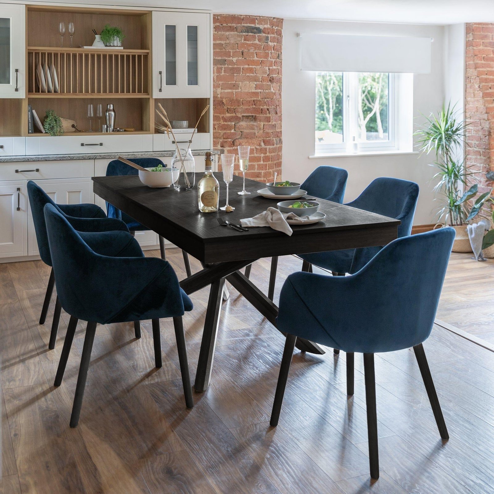 amelia-black-dining-table-set-6-seater-freya-blue-carver-chairs-with-black-legs-laura-james-1 Amelia Black Dining Table Set - 6 Seater - Freya Blue Carver Chairs - Black Legs