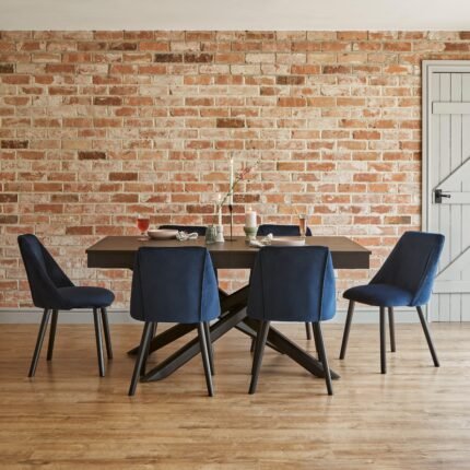 Amelia Black Dining Table Set - 6 Seater - Freya Blue Dining Chairs - Black Legs